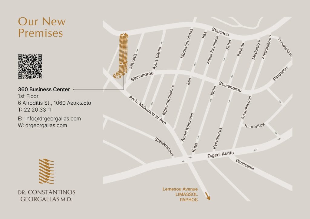 Map showing the new premises of Dr. Constantinos Georgallas at 360 Business Centre, 1st Floor, 6 Afroditis Street, 1060 Nicosia, near Stasandrou and Arch. Makariou III Avenue
